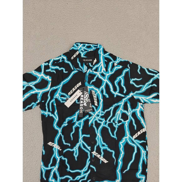 Reason Shirt Mens Small Black Lightning Print Button Up Short‎ Sleeve AZWT-006 - Picture 2 of 12
